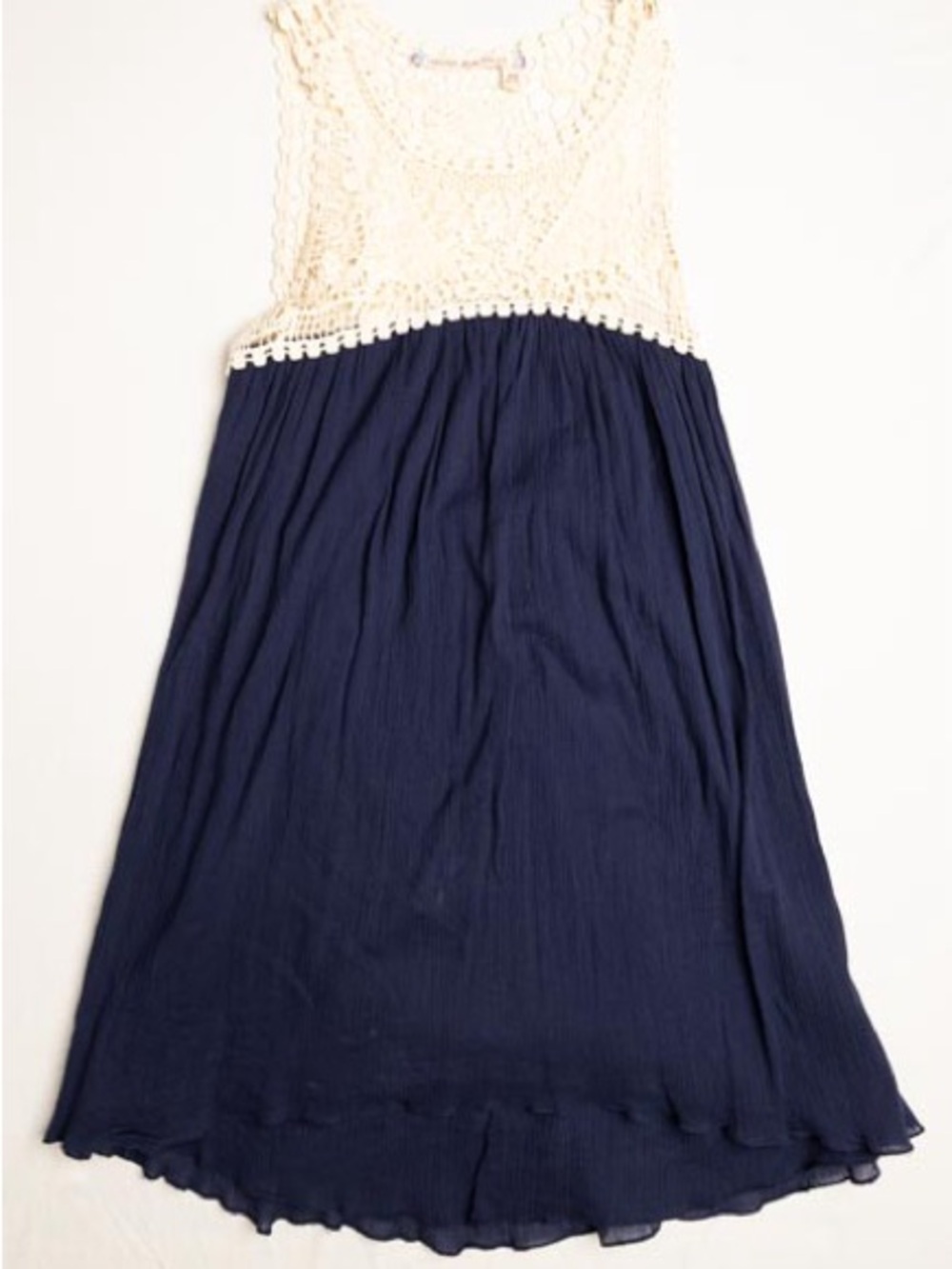 Chelsea & Violet Open Back Navy Blue Cream Crochet Lace Yoke Swing Mini Dress